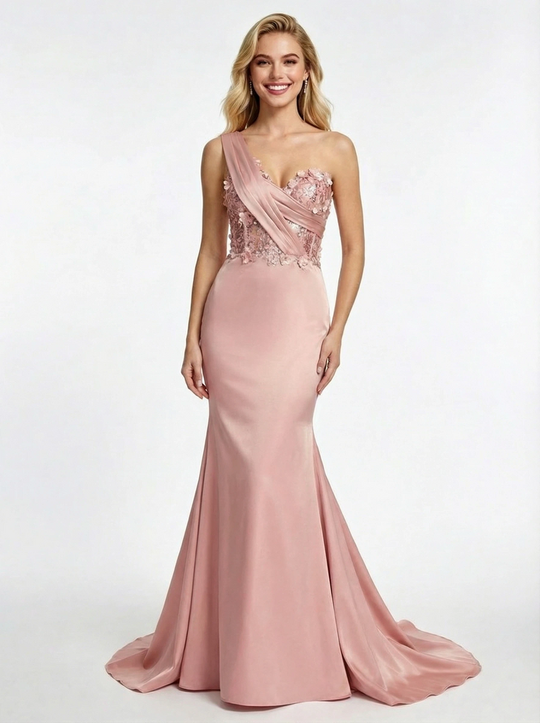 Unique Lace One Shoulder Ruched Satin Mermaid Prom Dress Overskirt