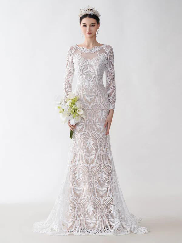 Sexy Mermaid Long Sleeves Jewel Maxi Long Lace Wedding Dresses