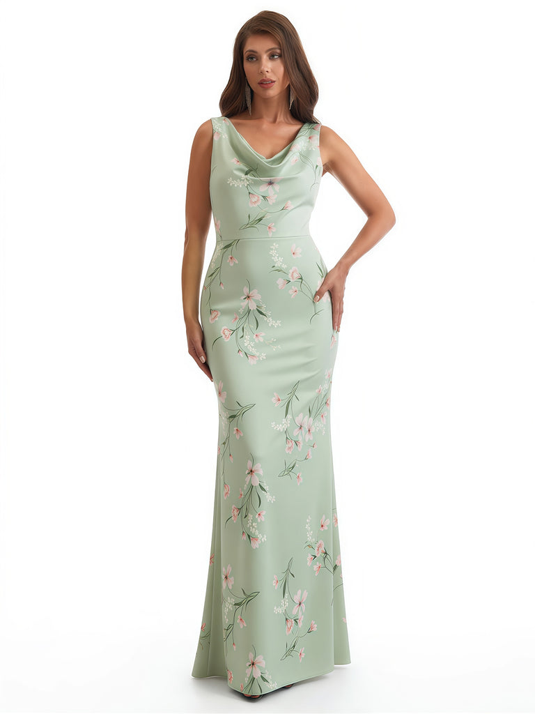 Elegant Spaghetti Straps Cowl Mermaid Long Satin Floral Formal Evening Dresses For Ladies