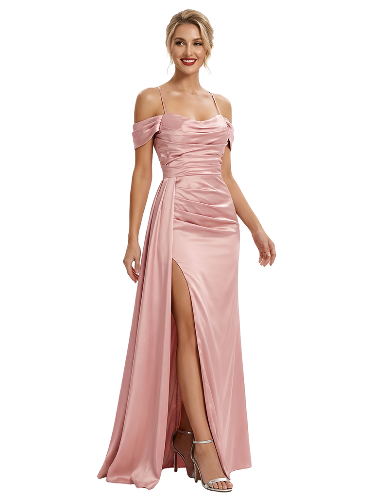 Modern Cold Shoulder Ruched Satin Maxi Prom Dresses with Slit