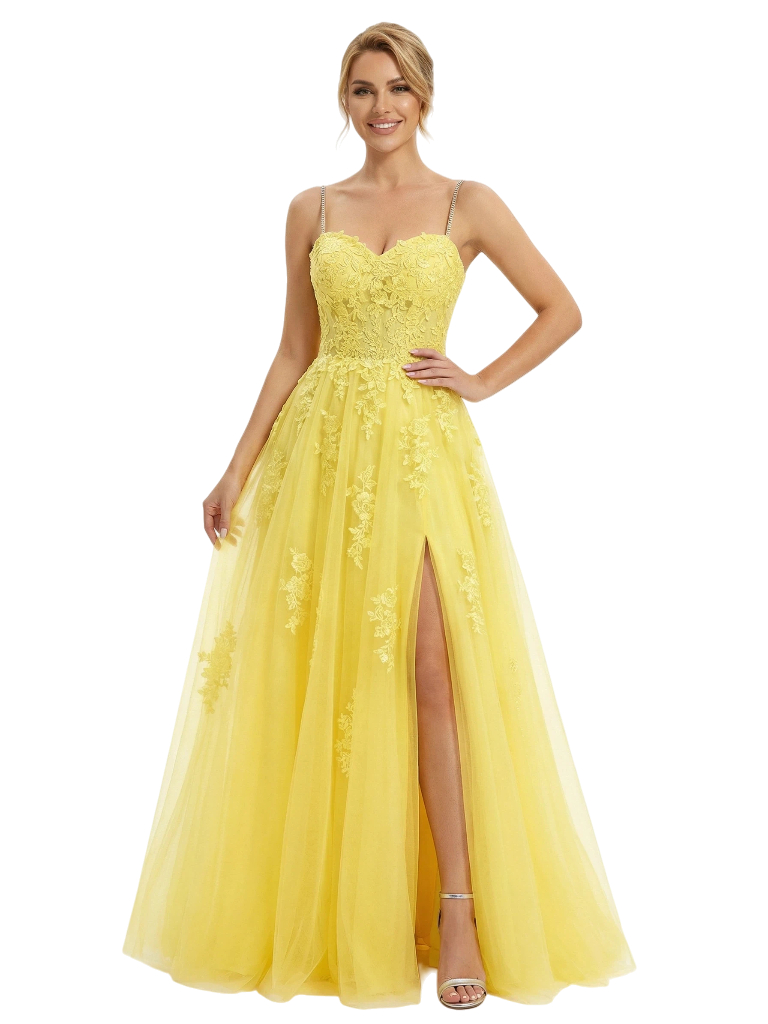 Pretty Elegant Lace Corset Bodice Spaghetti Strap Tulle Prom Ball Gown With High Slit