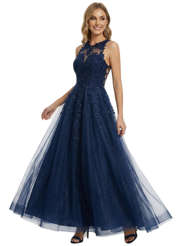 Modern Halter Neck Illusion Tulle Ball Gown Prom Dresses