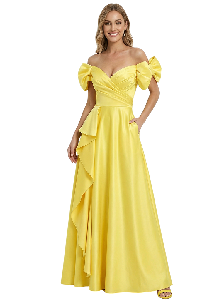 Glamorous Off the Shoulder Ruffles A-Line Formal Dress with Bow Sleeves