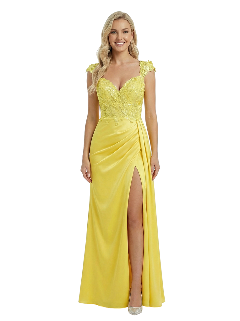 Stunning Lace Appliques Cap Sleeves Satin Mermaid Prom Dress with Waist Drape
