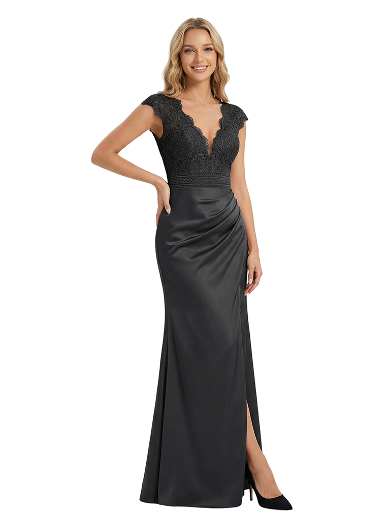 Elegant V-Neck Cap Sleeve Lace Appliques Satin Mermaid Formal Prom Dress