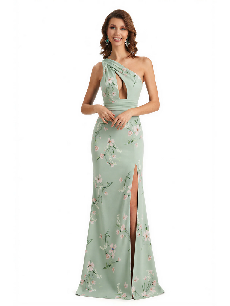 Simple One Shoulder Side Slit Mermaid Floral Satin Maxi Floral Formal Dresses For Women