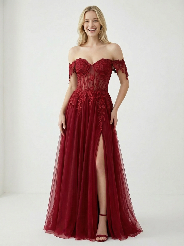 Stunning Off the Shoulder Lace Appliques A-line Tulle Prom Dress with Slit