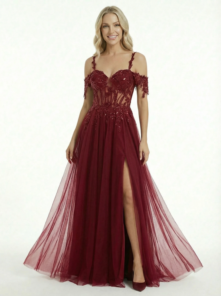Sexy Cold Shoulder Lace Appliques A-line Corset Prom Dress with Slit