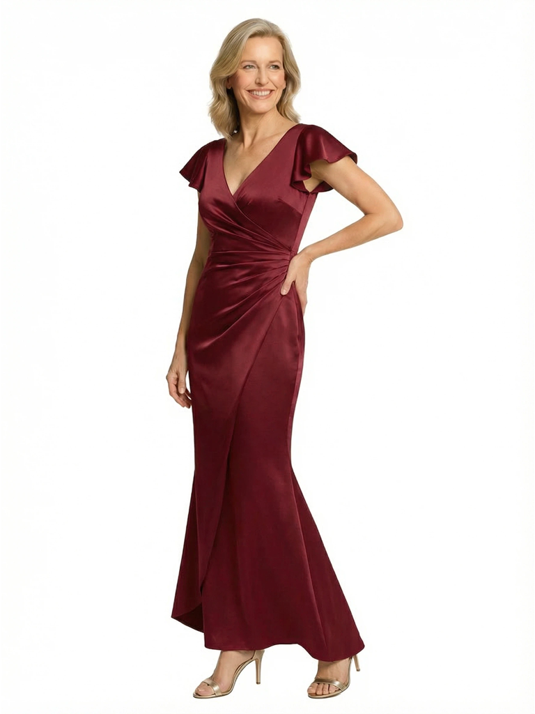 Chicsew Elegant Ruched Flutter Sleeves Satin Mermaid Mother of The Bride Dress