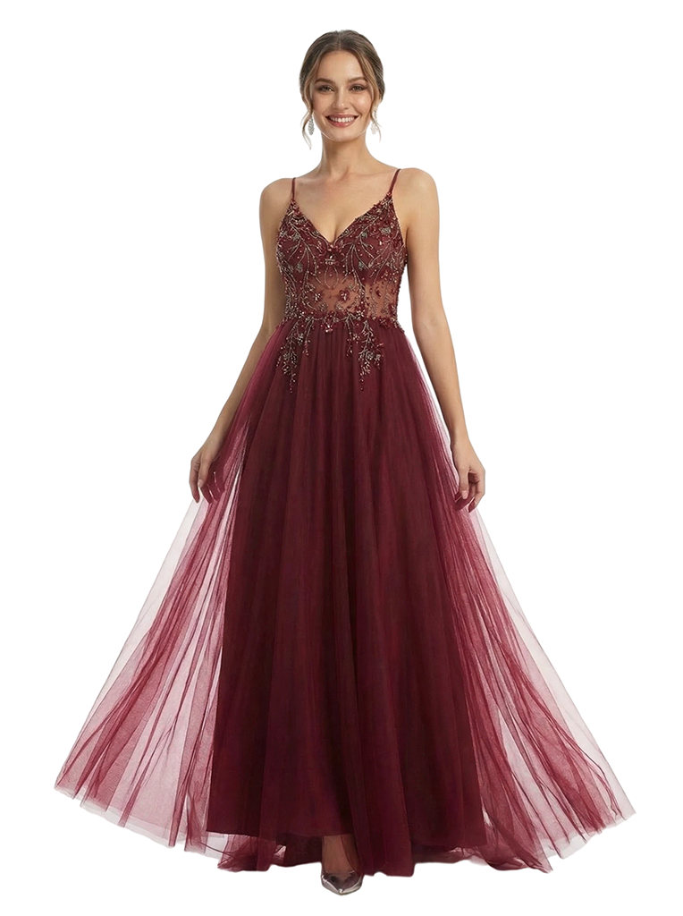 Elegant Cutout Beaded A Line Tulle Long Party Prom Dresses
