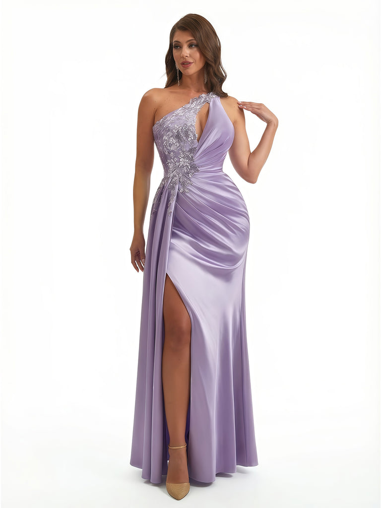 Sexy One Shoulder Side Slit Mermaid Lace Applique Silky Satin Long Formal Dresses