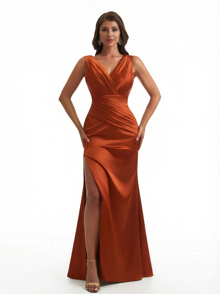 Ladies Mermaid V-Neck Ruched Silky Satin Formal Floor Length Evening Dresses Side Slit