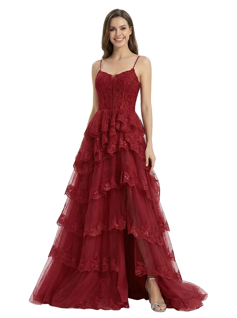 ChicSew Elegant Spaghetti Straps Prom Gown Lace Corset Tiered Tulle Ball Gown Floor Length Formal Evening Gown