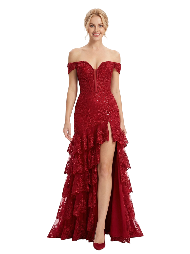 ChicSew Fancy Off The Shoulder Sweetheart Prom Dress Lace Sequin Tiered Tulle Mermaid Silhouette Floor Length Formal Wear