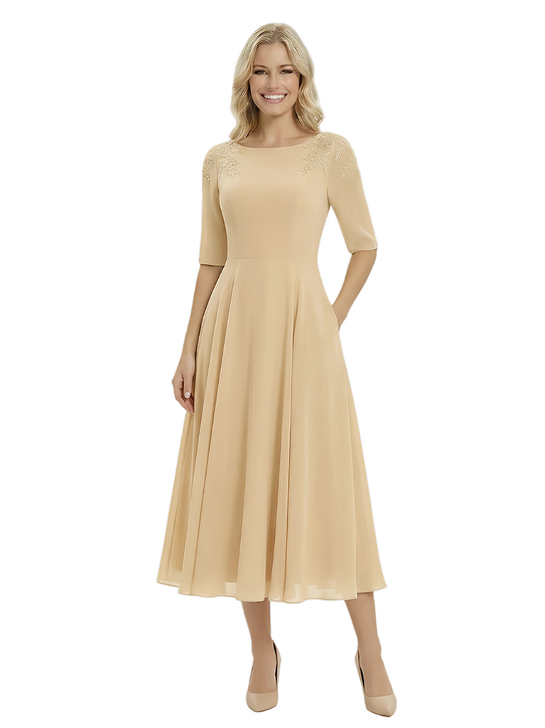 Classy A-Line Tea-Length Long Sleeves Chiffon Maxi Mother Of The Bride Dress