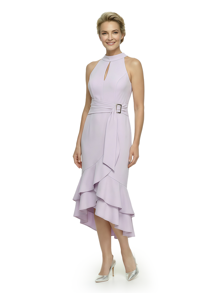 Modern Halter Ruffle Unique High-Low Mother Of The Groom Gown With Belt