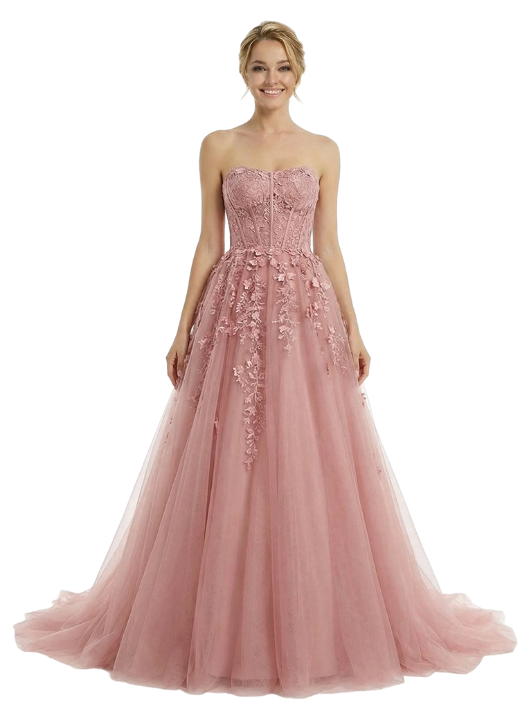 ChicSew Elegant Tulle Strapless Corset Lace A-Line Formal Prom Dresses