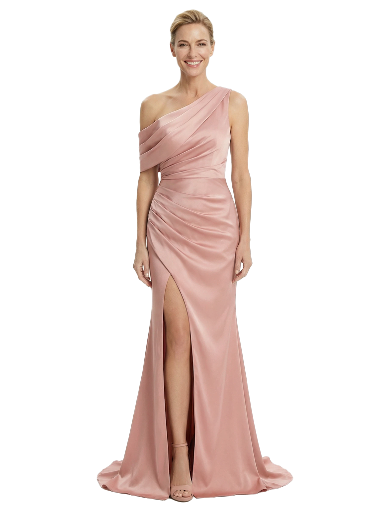 Modern Asymmetrical Mother Of The Groom Gown Satin Ruched Evening Dress With Side Slit