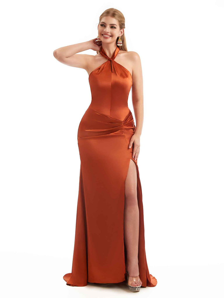 Silky Halter Mermaid Satin Simple Gown For Wedding Guest Sexy Side Split