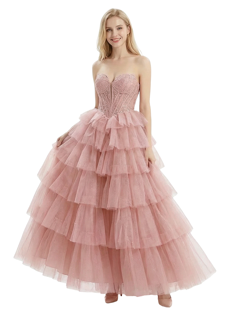 ChicSew Unique Lace Applique Tiered Ruffle A-Line Tulle Sweetheart Formal Evening Gown