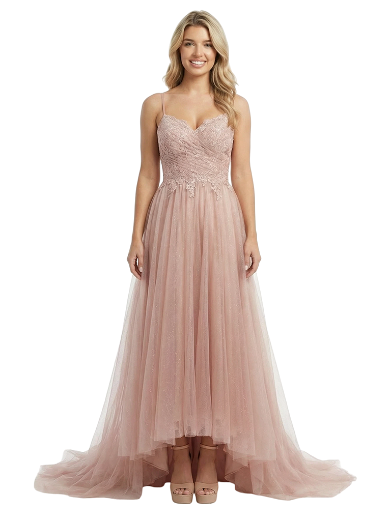 ChicSew Pretty Lace Applique Spaghetti Straps High-Low Tulle A-Line Prom Dresses