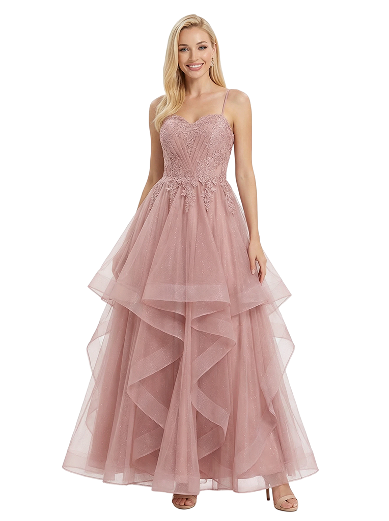 ChicSew Elegant Tiered Tulle A-Line Spaghetti Straps Lace Applique Ball Gown Formal Dress