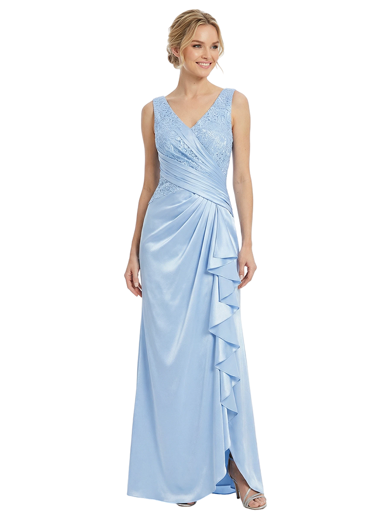 ChicSew Classy V-Neck Lace Applique Ruched Satin Ruffle Evening Dress