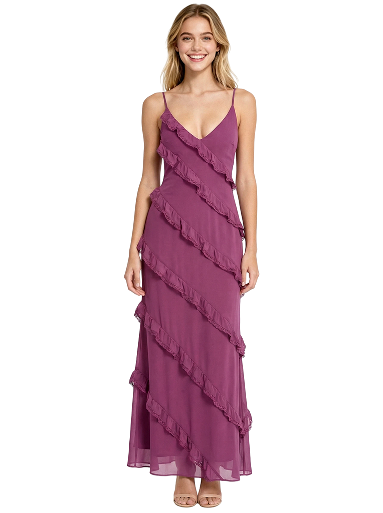 Cute Spaghetti Straps V-Neck Ruffles A-Line Ankle-Length Long Party Prom Dresses