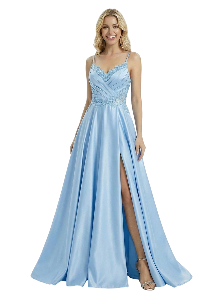 ChicSew Modern V-Neck A-line Side Slit Spaghetti Straps Satin Party Prom Dress