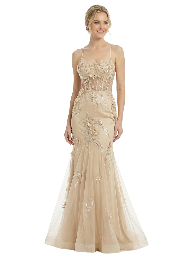 ChicSew Fancy Spaghetti Straps 3D Floral Applique Tulle Satin Mermaid Formal Dresses