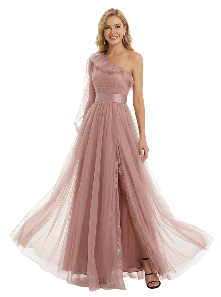 ChicSew Elegant One Shoulder Prom Gown Ruffled Tulle Satin Belt A-Line Floor Length Formal Evening Dresses