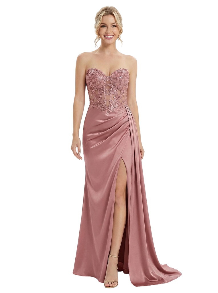 ChicSew Sexy Sweetheart Prom Dress Lace Satin Ruched Bodice High Slit Mermaid Formal Evening Gown With Side Overlay