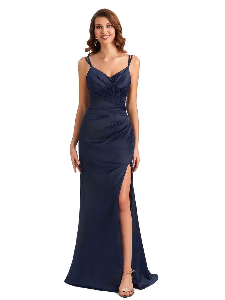 Sexy Side Slit Mermaid Silky Satin Unique Long Satin Wedding Guest Dresses