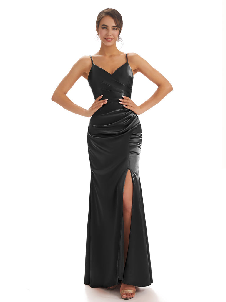 Spaghetti Straps Black Satin Pleats Long Bridesmaid Dresses