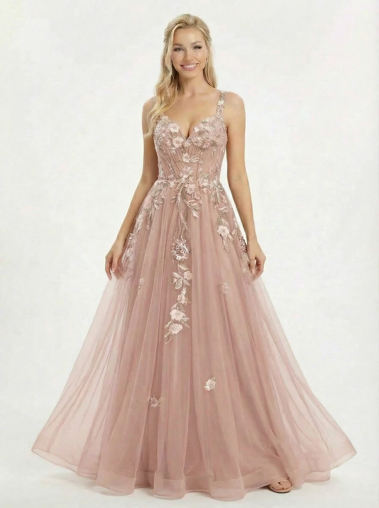 Unique V Neck Floral Lace Prom Gown Sleeveless A-Line Fairy Evening Dress