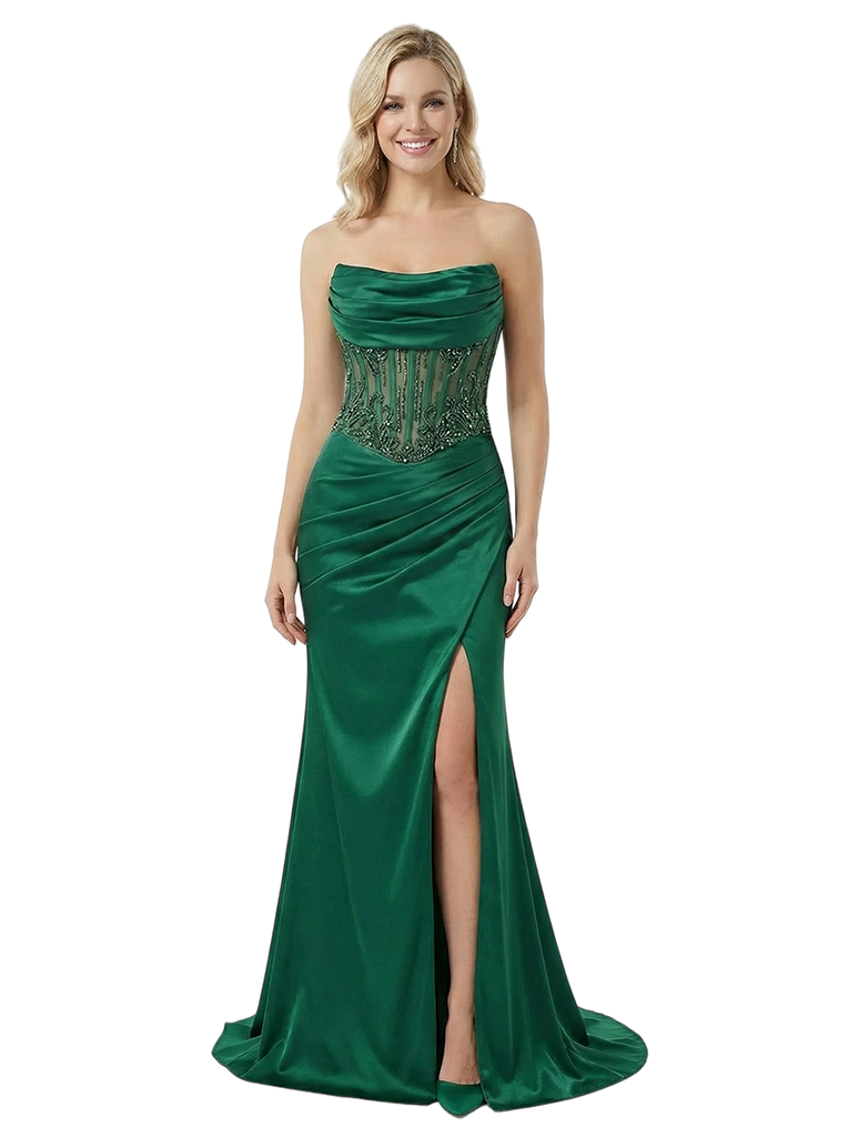 ChicSew Pretty Strapless Cowl Neck Boning Side Slit Mermaid Satin Prom Gown