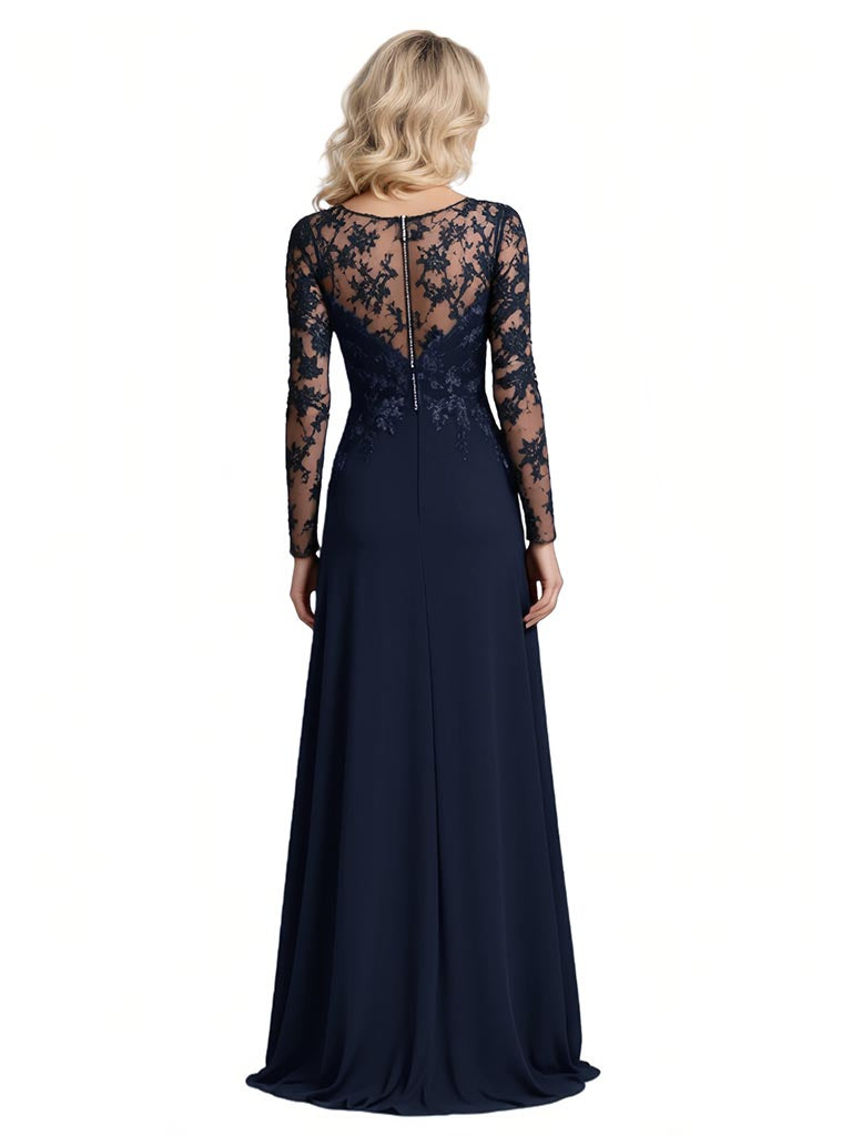 Elegant Chiffon Lace Long Sleeves Jewel A-Line Mother Of The Bride Dresses