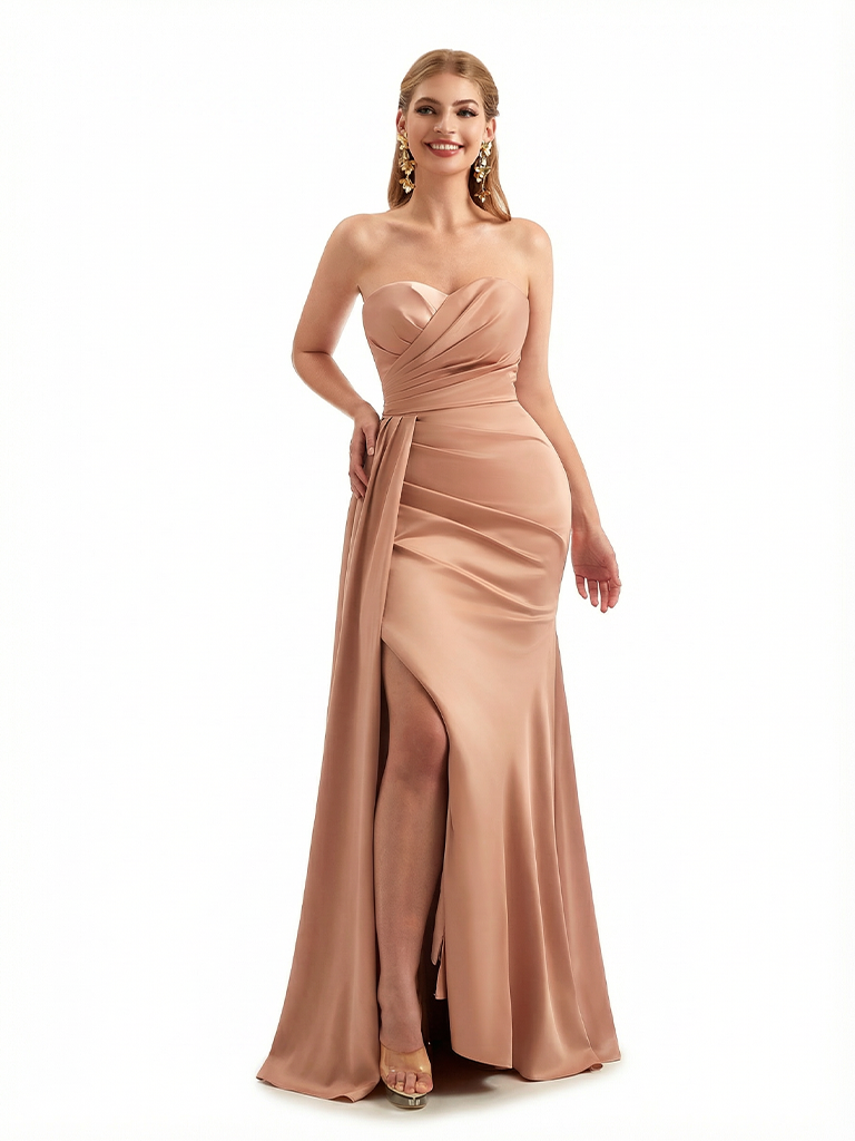 Sexy Sweetheart Ruched Mermaid Soft Satin Unique Long Formal Dresses Side Slit