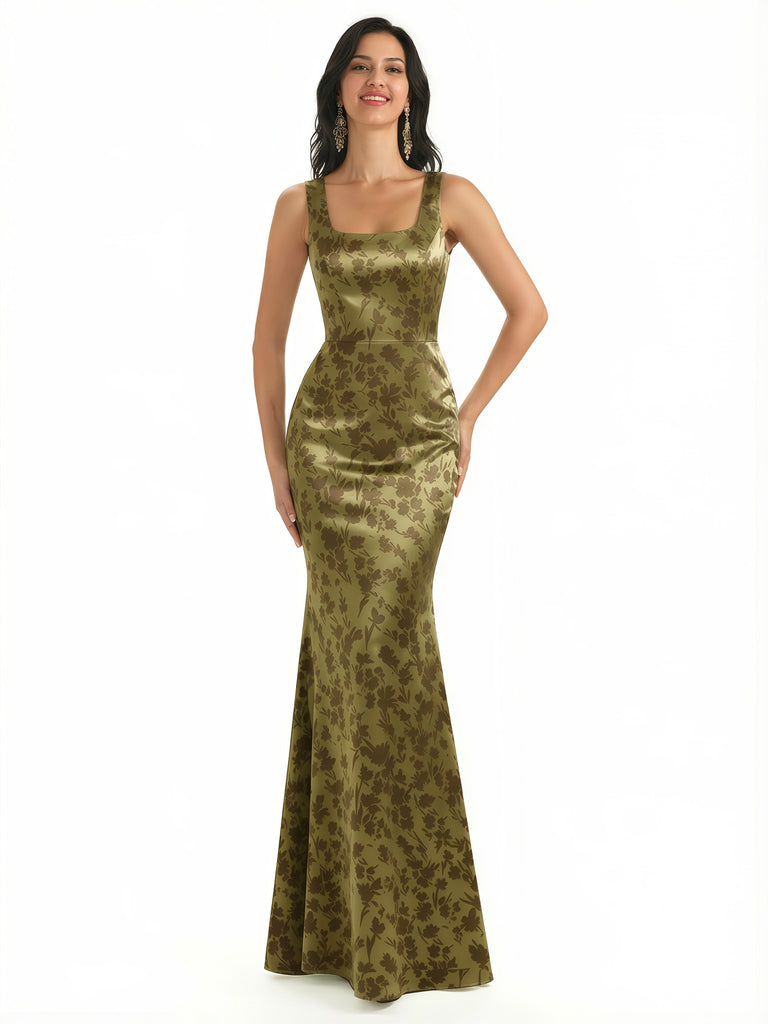 Elegant Spaghetti Straps Square Mermaid Long Satin Floral Formal Evening Dresses For Ladies