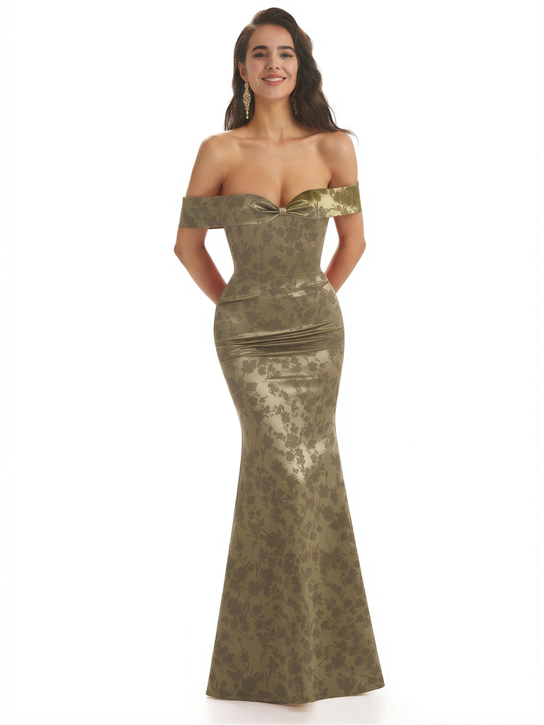 Elegant Off Shoulder Mermaid Floral Satin Maxi Floral Formal Evening Dresses