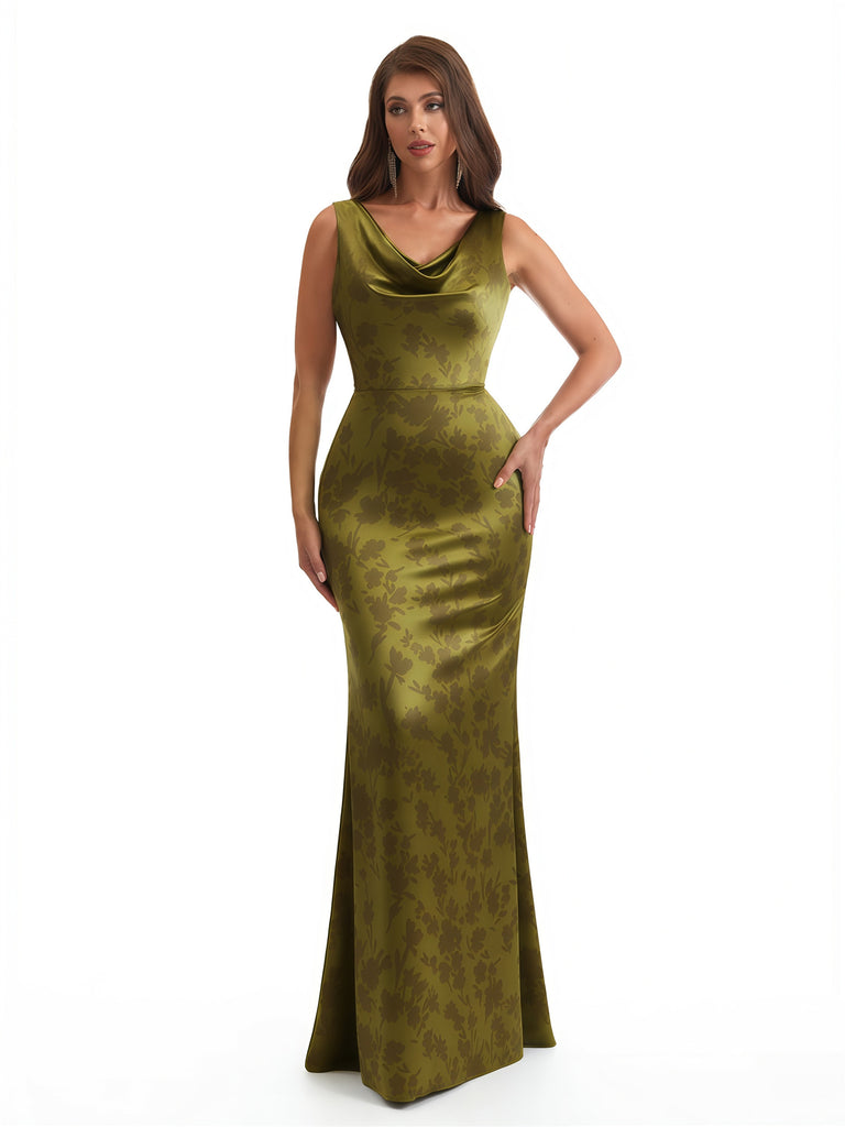 Elegant Spaghetti Straps Cowl Mermaid Long Satin Floral Formal Evening Dresses For Ladies