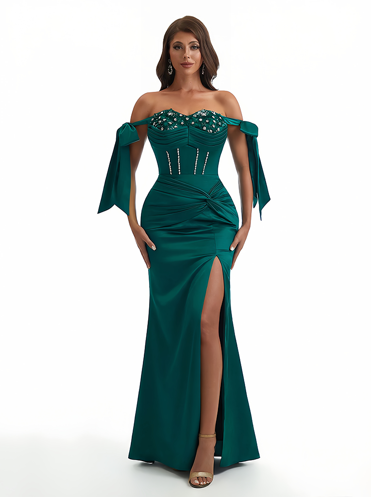 Sexy Off Shoulder Beading Ruched Satin Mermaid Silky Satin Long Formal Dresses Side Slit