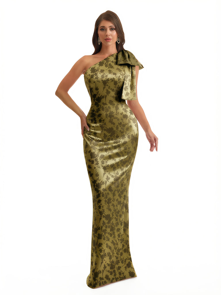 Elegant One Shoulder Mermaid Long Satin Floral Formal Dresses For Women With Back Slit