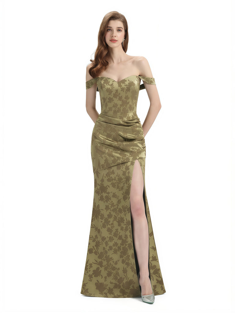 Elegant Off Shoulder Mermaid Side Slit Floral Satin Maxi Floral Formal Dresses For Women