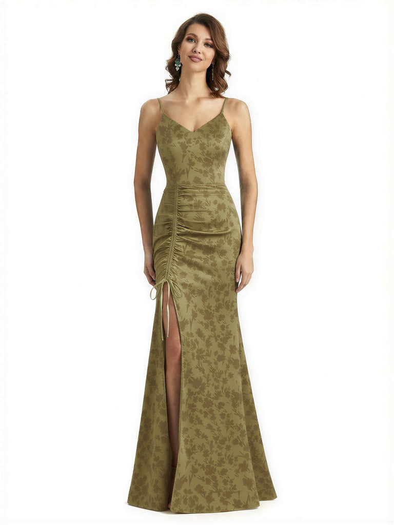 Simple Spaghetti Straps V-Neck Side Slit Mermaid Floral Satin Maxi Floral Formal Dresses For Women