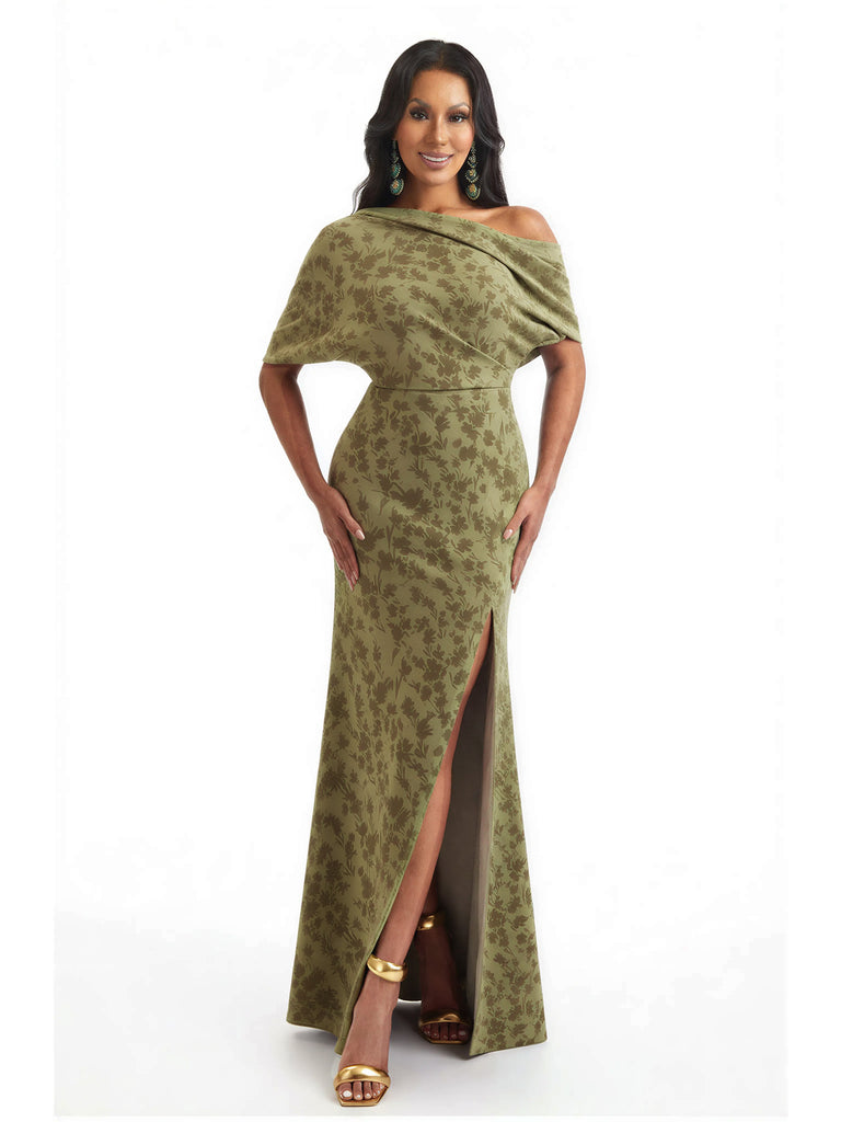 Elegant Half Sleeves Side Slit Mermaid Floral Satin Maxi Floral Formal Dresses For Women