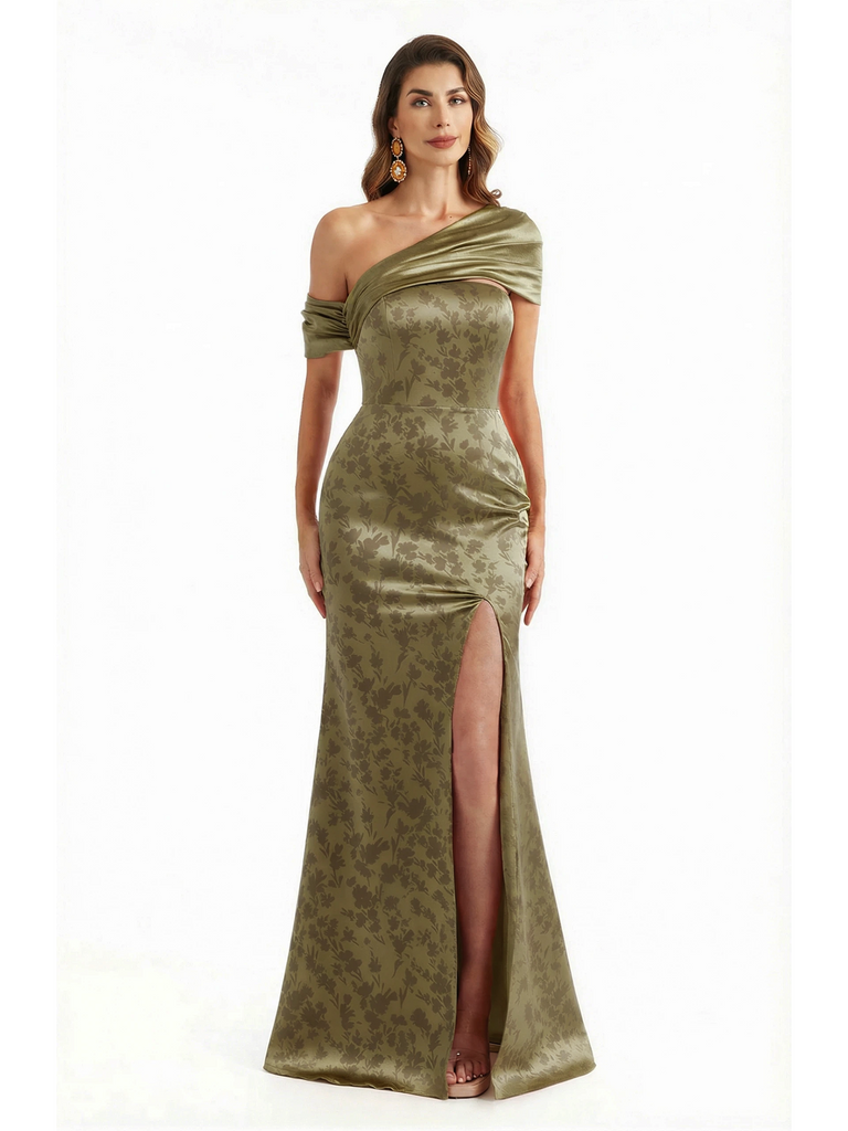 Elegant Asymmetrical Side Slit Mermaid Long Satin Floral Formal Dresses For Women