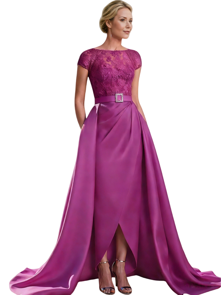 Elegant Cap Sleeves Jewel Lace Top Satin Mother Of The Bride Dresses Overskirt