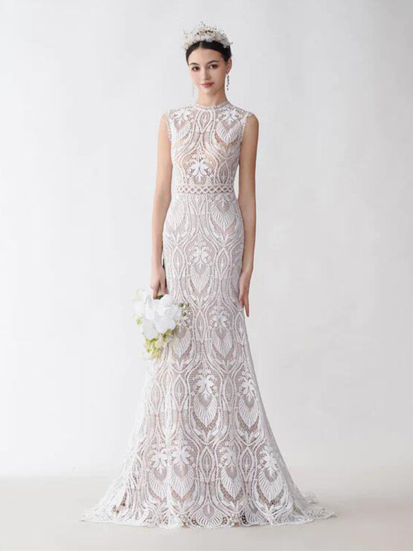 Sexy Mermaid Sleeveless Open Back Maxi Long Lace Wedding Dresses