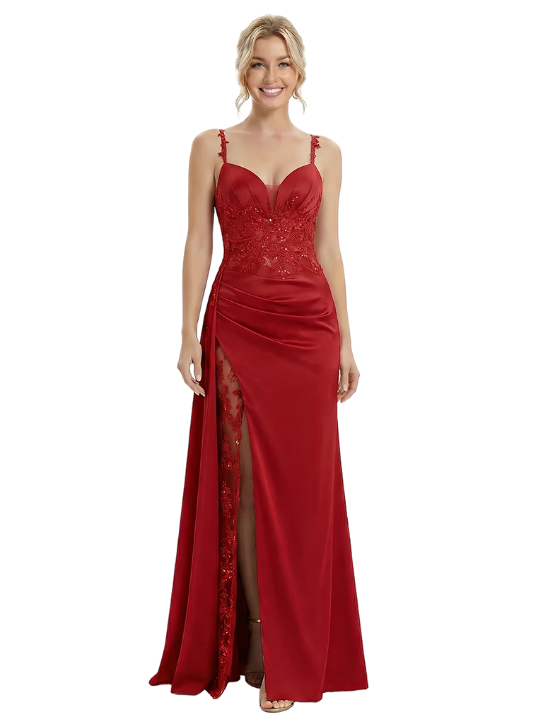 ChicSew Modern Lace Mermaid Prom Gown V-Neck Satin Slit Formal Grad Dress